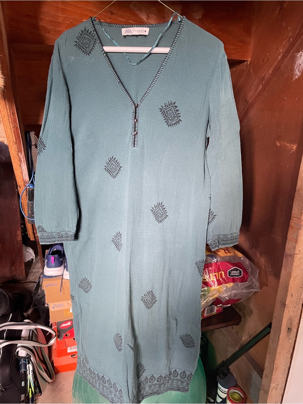 Zara Teal Green Embroidered V-Neck Long Sleeve Dress